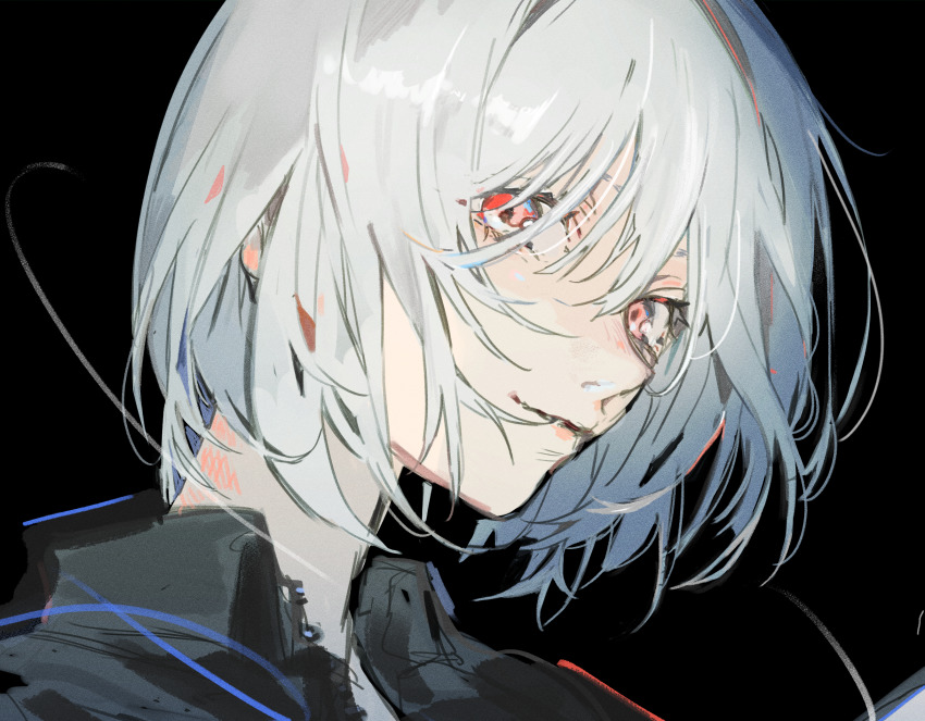 1girl bibibotan black_background black_shirt closed_mouth collared_shirt commentary highres looking_at_viewer original portrait red_eyes shirt short_hair solo symbol-only_commentary upper_body white_hair