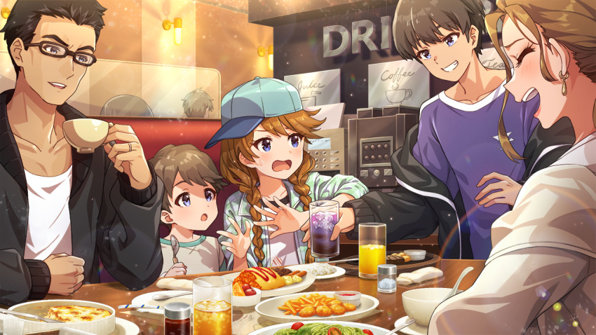 black_hair blue_eyes booth_seating brown_hair cup cursive drinking_glass food game_cg glasses grin hat holding idolmaster idolmaster_million_live! idolmaster_million_live!_theater_days low_twin_braids off_shoulder official_art plate smile spoon table teacup tokoro_megumi twin_braids