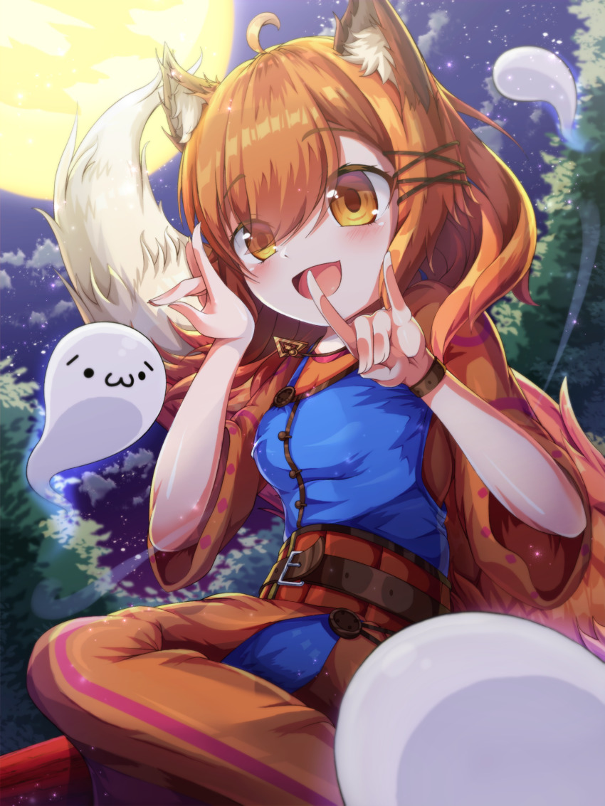 1girl :d absurdres ahoge animal_ear_fluff animal_ears blue_shirt brown_eyes brown_hair brown_pants cloud commentary_request copyright_request double_fox_shadow_puppet eyes_visible_through_hair fox_ears fox_girl fox_shadow_puppet fox_tail full_moon ghost hair_ornament hair_over_one_eye highres looking_at_viewer moon night night_sky oooqqq open_mouth outdoors pants shirt short_sleeves sky smile solo star_(sky) starry_sky tail virtual_youtuber wide_sleeves x_hair_ornament