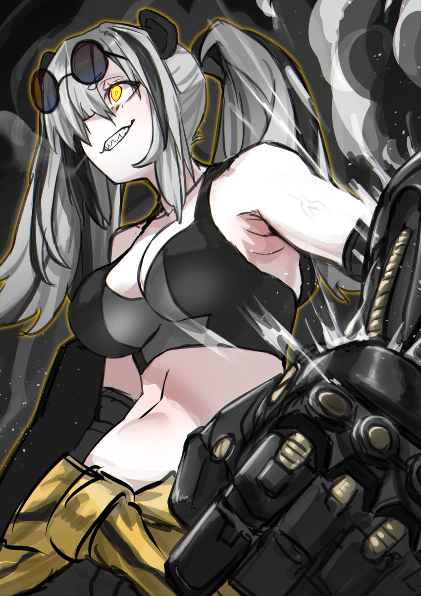 1girl animal_ears arknights armpits bare_shoulders black_hair breasts clothes_around_waist feater_(arknights) feater_(dojo_star)_(arknights) from_below glasses glasses_on_head glowing glowing_eyes grey_hair hair_over_one_eye haishima_xv highres large_breasts long_hair mechanical_arms midriff multicolored_hair panda_ears sharp_teeth sidelocks smile solo sports_bra steam stomach teeth tinted_eyewear twintails yellow_eyes