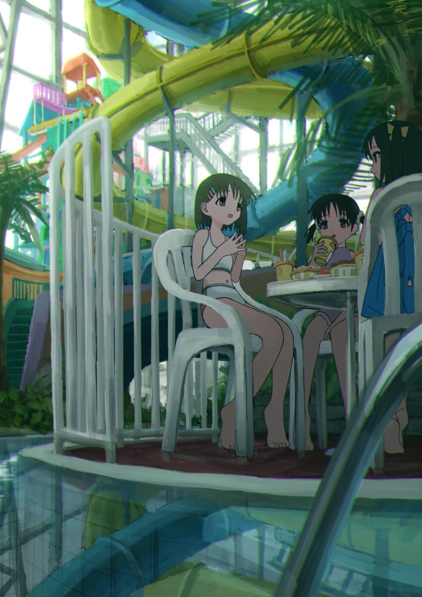 3girls absurdres anbiyori bikini black_eyes black_hair casual_one-piece_swimsuit chair eye_contact hair_ornament hairclip highres indoors looking_at_another multiple_girls one-piece_swimsuit open_mouth original plant pool reflection short_hair sitting slice_of_life smile swimsuit table talking twintails water water_slide white_bikini