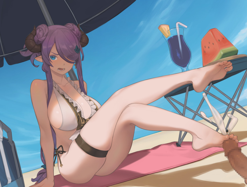 1girl absurdres barefoot beach cocktail_glass cum cup drinking_glass ejaculation feet food footjob fruit granblue_fantasy hair_over_one_eye highres horns long_hair looking_at_viewer narmaya_(granblue_fantasy) open_mouth parasol purple_hair snorkel14 soles swimsuit toes umbrella watermelon yellow_eyes