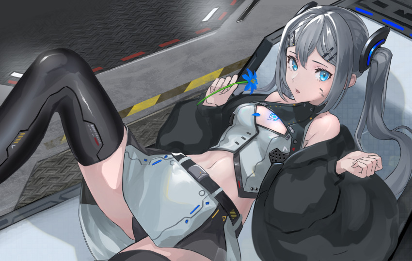 1girl asagon007 bare_shoulders black_jacket black_panties black_thighhighs blue_eyes breasts crop_top flower grey_hair grey_shirt grey_skirt hair_ornament hairclip highres holding jacket long_hair looking_at_viewer lying midriff miniskirt navel off_shoulder on_back open_clothes open_jacket original panties panty_peek parted_lips shirt skirt sleeveless sleeveless_shirt small_breasts solo thighhighs twintails underwear