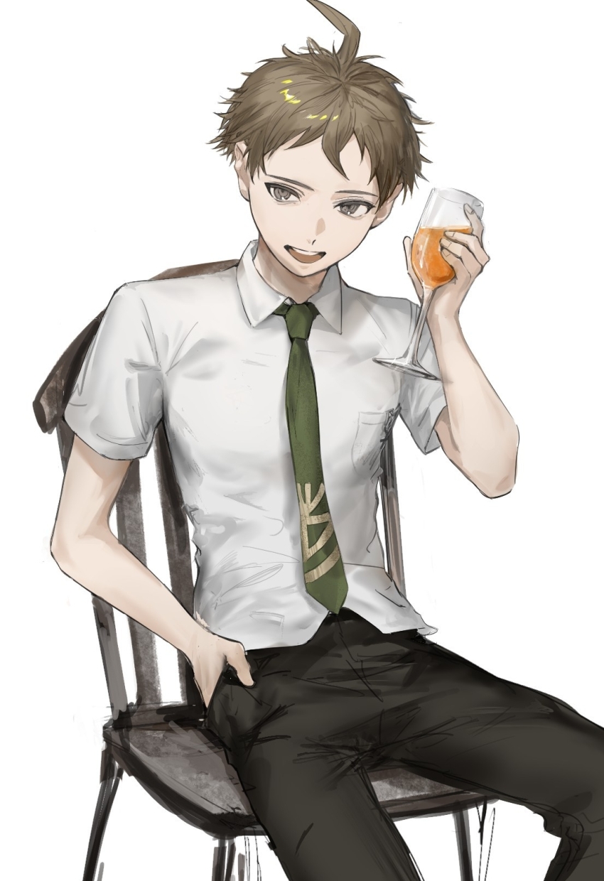 1boy :d ahoge black_pants brown_hair chair collared_shirt cup danganronpa_(series) danganronpa_2:_goodbye_despair green_necktie hand_in_pocket highres hinata_hajime holding holding_cup male_focus necktie open_mouth pants shirt short_hair simple_background sitting smile solo teeth upper_teeth_only white_background yoruirooo777