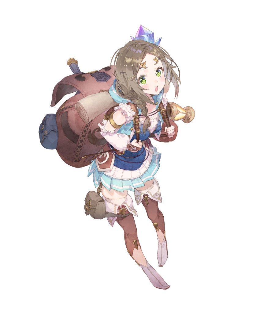 1girl absurdres atelier_(series) atelier_firis backpack bag blue_jacket blue_shirt blue_skirt boots braid brown_bag brown_footwear brown_hair crystal_hair_ornament detached_sleeves firis_mistlud full_body green_eyes highres holding_strap hood hooded_jacket jacket long_hair looking_at_viewer nelke_to_densetsu_no_renkinjutsushi_tachi noco_(adamas) official_art open_mouth pleated_skirt pouch shirt simple_background skirt solo standing swept_bangs thigh_boots thighhighs white_background white_thighhighs