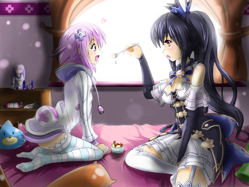 2girls black_hair breasts caramel-sheep choujigen_game_neptune clip_studio_paint_(medium) commentary d-pad d-pad_hair_ornament dogoo english_commentary flat_chest food hair_ornament hair_ribbon highres jacket medium_breasts medium_hair multiple_girls nepgear neptune_(neptunia) neptune_(series) noire_(neptunia) pudding purple_eyes purple_hair red_eyes ribbon short_hair socks striped_clothes striped_socks twintails