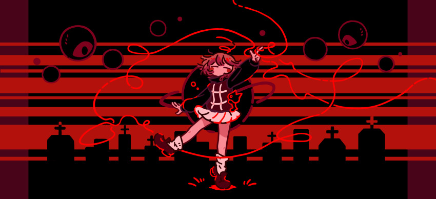 1girl arm_up blush_stickers closed_eyes commentary_request eyeball finger_gun flat_color highres long_sleeves loose_socks miniskirt monochrome no_mouth no_nose nunusayu pleated_skirt red_theme shoes short_hair skirt socks solo standing standing_on_one_leg string sweater tiptoes tombstone turtleneck turtleneck_sweater urotsuki wide_shot yume_2kki