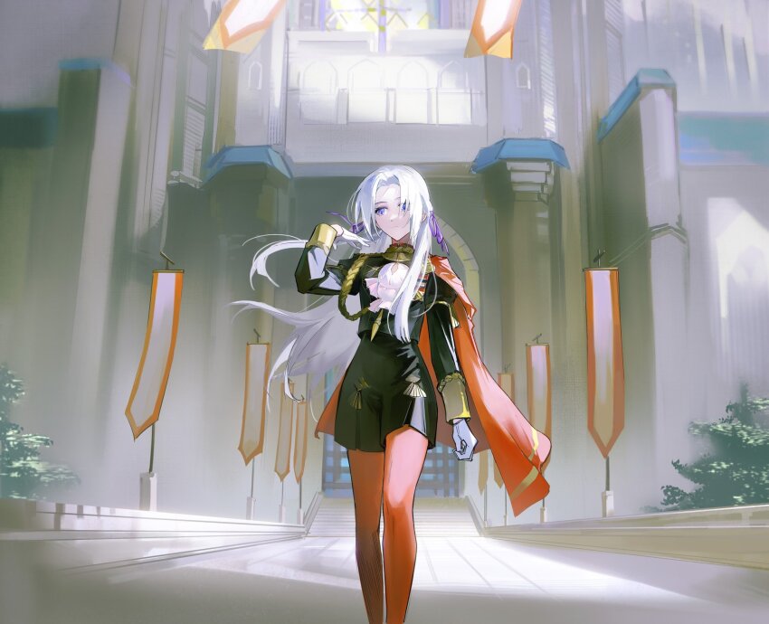 1girl arm_up artuvia capelet closed_mouth edelgard_von_hresvelg fire_emblem fire_emblem:_three_houses garreg_mach_monastery_uniform gloves hair_flowing_over hair_ribbon highres indoors long_sleeves looking_to_the_side military_uniform nintendo pantyhose parted_bangs purple_eyes purple_ribbon red_capelet red_pantyhose ribbon shade solo standing sunlight walking white_gloves white_hair