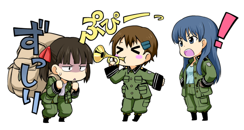 ! &gt;_&lt; 3girls :&lt; backpack bad_id bad_pixiv_id bag blowing blue_eyes blue_hair blush_stickers brown_hair bugle chibi closed_eyes hair_ornament hairclip heavy instrument kazumiya_rio long_hair military military_uniform multiple_girls nagian open_mouth randoseru ribbon short_hair sora_no_woto sorami_kanata suminoya_kureha sweatdrop twintails