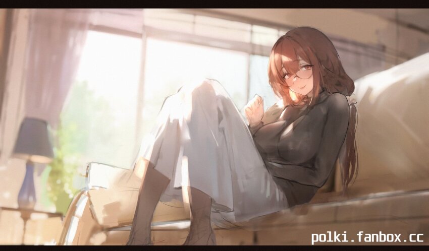 1girl backlighting breasts brown_eyes brown_hair couch covered_erect_nipples dress fanbox_username glasses indoors knees_together_feet_apart lamp large_breasts long_hair looking_at_viewer original polki smile solo table tareme turtleneck window