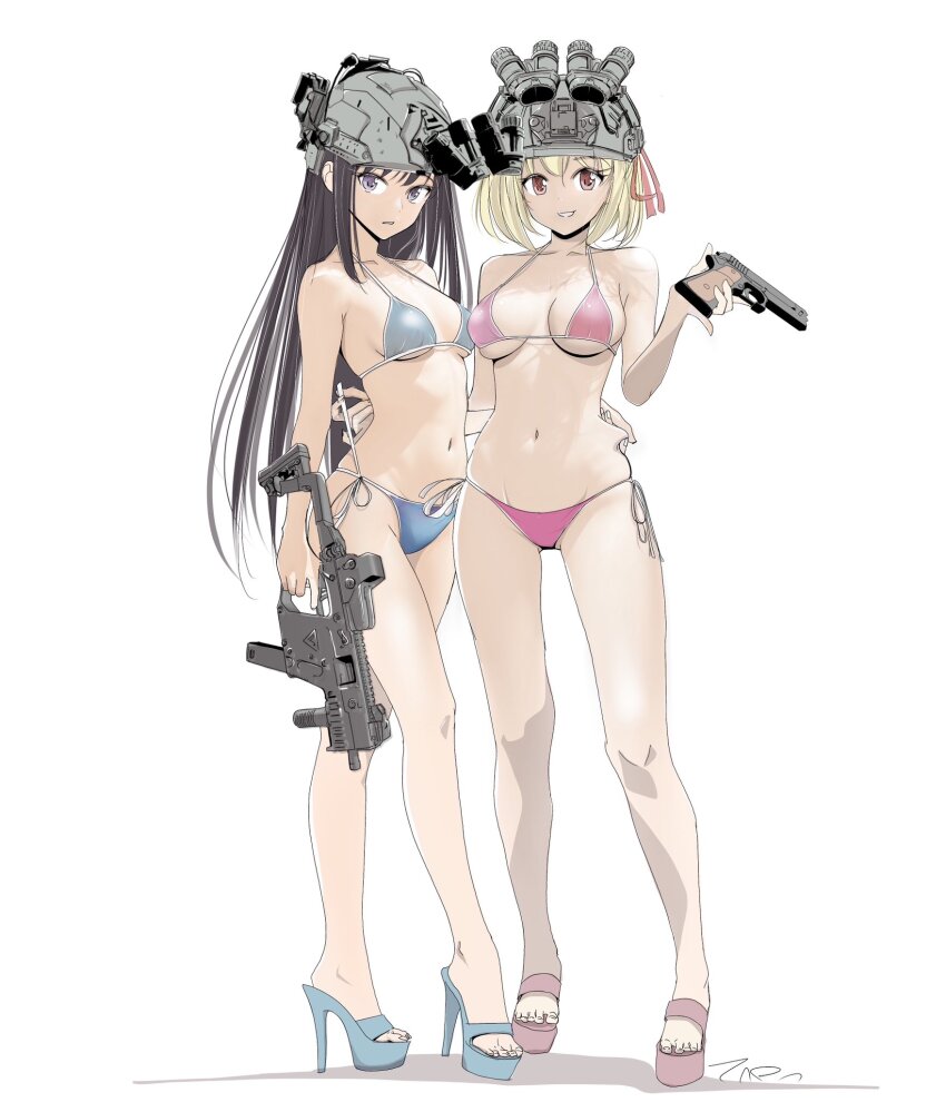 2girls arm_around_back assault_rifle bare_legs bare_shoulders bikini blonde_hair blue_bikini blue_footwear breasts breasts_apart brown_hair clenched_teeth full_body grin gun handgun helmet high_heels highres inoue_takina kriss_vector long_hair looking_at_viewer lycoris_recoil m1911 medium_breasts multiple_girls navel night_vision_device nishikigi_chisato pink_bikini pink_footwear platform_clogs platform_footwear platform_heels platform_mules purple_eyes red_eyes rifle sandals short_hair side-tie_bikini_bottom simple_background smile string_bikini submachine_gun swimsuit tada_(tactical_tada) teeth toes weapon white_background