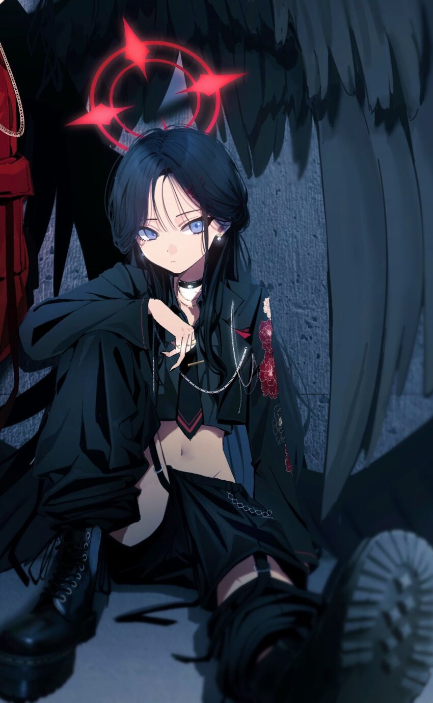 1girl arm_on_own_leg black_choker black_footwear black_gloves black_hair black_serafuku black_wings blue_archive blue_eyes choker closed_mouth earrings gloves hair_between_eyes hair_ornament hairclip halo highres ichika_(blue_archive) jewelry kamiyama_sumu long_hair long_sleeves navel neckerchief red_halo red_neckerchief school_uniform serafuku sitting solo wings