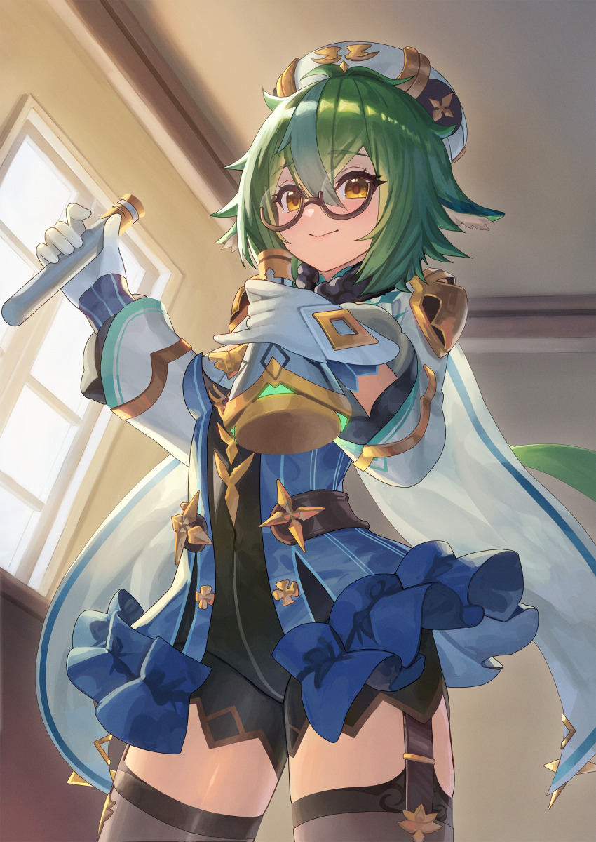 1girl absurdres animal_ears beret blue_dress blush breasts cape cat_ears dress flask genshin_impact gloves gold_trim green_hair grey_thighhighs hat highres long_hair looking_at_viewer medium_breasts orange_eyes ponytail short_dress shrug_(clothing) smile solo sucrose_(genshin_impact) takinashi_(friend_coffee) test_tube thighhighs thighs white_cape white_gloves white_hat