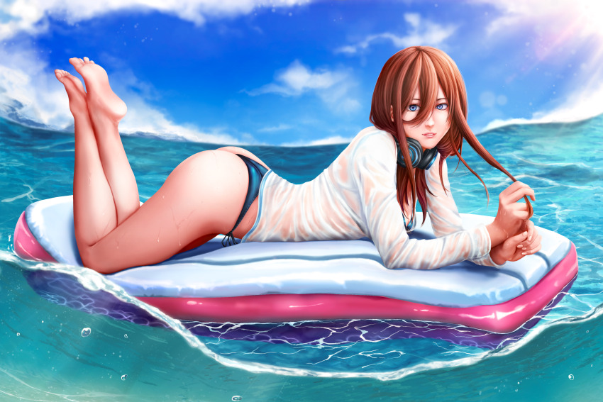 1girl absurdres ass barefoot bikini bikini_under_clothes blue_bikini blue_eyes blue_sky breasts brown_hair cleavage cloud day from_side full_body go-toubun_no_hanayome headphones headphones_around_neck highres inflatable_raft j_humbo long_bangs long_hair looking_at_viewer lying medium_breasts nakano_miku ocean on_stomach outdoors parted_lips shirt sky solo swimsuit thighs water wet wet_clothes wet_shirt