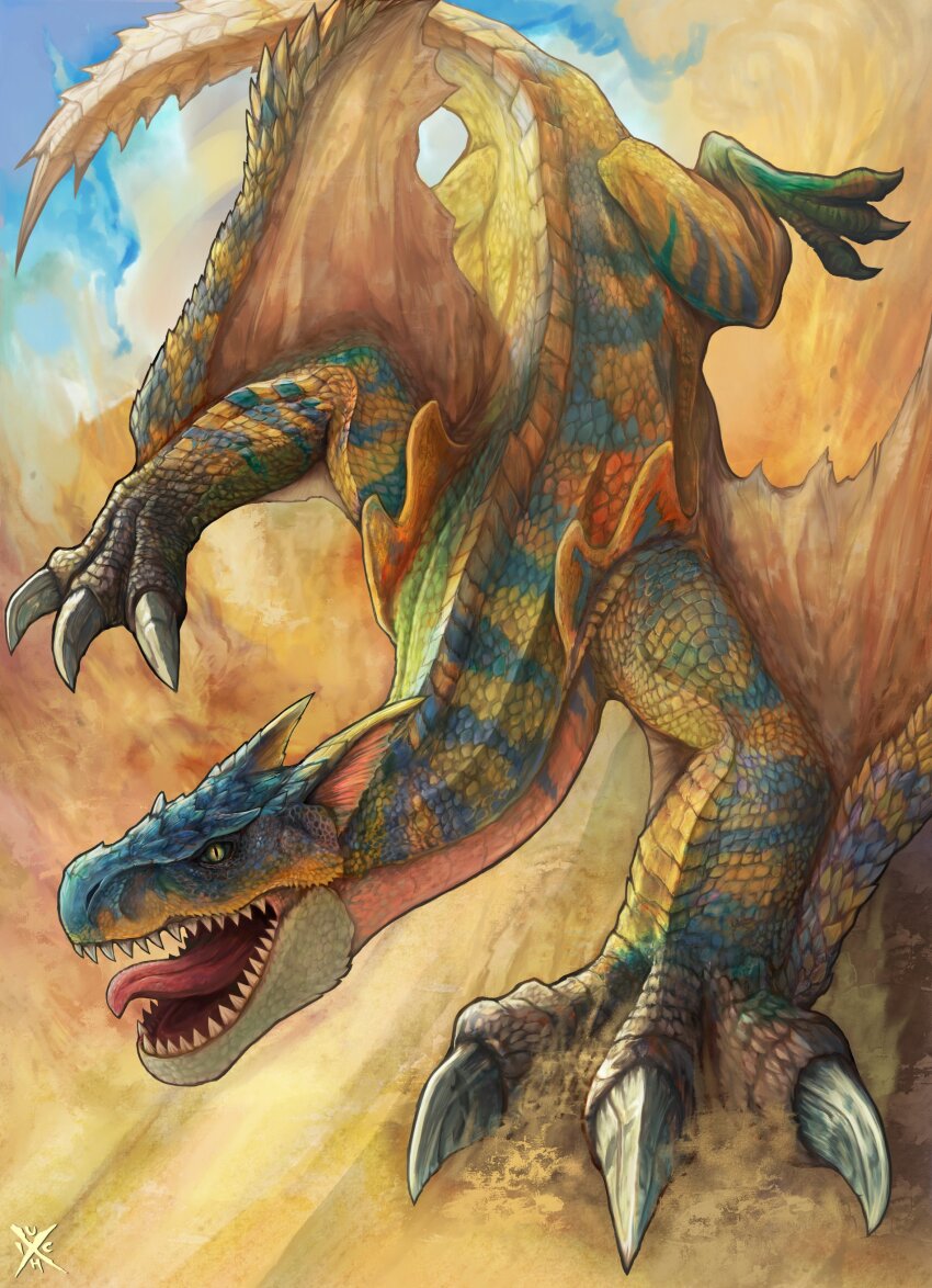 absurdres claws dragon dutch_angle highres horns looking_at_viewer monster monster_focus monster_hunter_(series) no_humans open_mouth outdoors sand scales sharp_teeth sky solo spiked_tail tail teeth tigrex tongue uchi_vs_the_world watermark winged_arms wings wyvern yellow_eyes