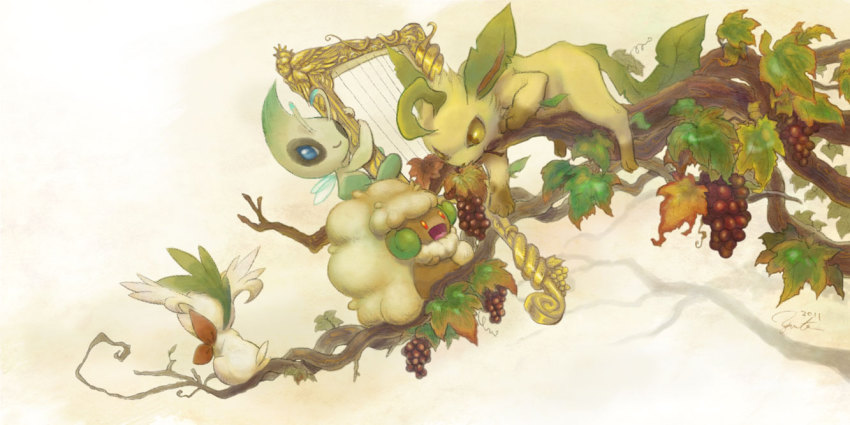 blue_eyes branch celebi creatures_(company) food fruit game_freak gen_2_pokemon gen_4_pokemon gen_5_pokemon grapes harp horns instrument leaf leafeon legendary_pokemon mythical_pokemon nintendo no_humans open_mouth pokemon pokemon_(creature) red_eyes shaymin shaymin_(sky) sitting smile whimsicott wings yellow_eyes yorujisa_yuuto