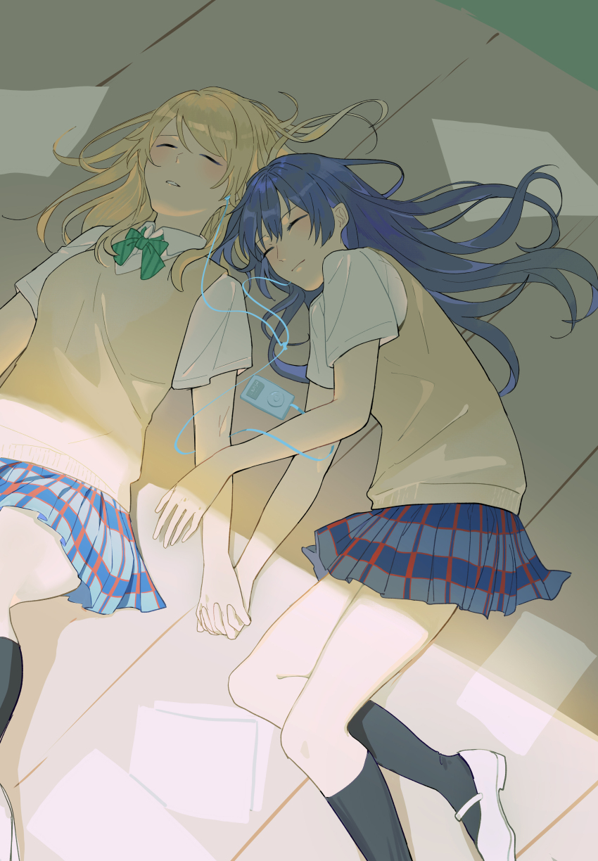 2girls absurdres ayase_eli black_socks blonde_hair blue_hair blue_skirt blush bow bowtie closed_eyes closed_mouth collared_shirt day digital_media_player earphones feet_out_of_frame green_bow green_bowtie hair_between_eyes hair_down heads_together highres holding_hands interlocked_fingers ipod kneehighs long_hair love_live! love_live!_school_idol_project lying miniskirt multiple_girls on_back on_side otonokizaka_school_uniform paper parted_bangs parted_lips pleated_skirt school_uniform shade shared_earphones shirt short_sleeves skirt smile socks sonoda_umi striped_bow striped_bowtie striped_clothes sweater_vest white_footwear white_shirt wing_collar wooden_floor yellow_sweater_vest yudong_rin