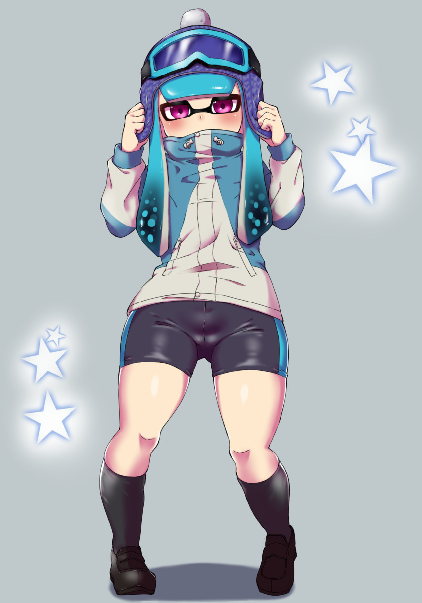 1girl adjusting_clothes adjusting_headwear beanie bike_shorts black_footwear black_shorts black_socks blue_hair blue_headwear blue_jacket blunt_bangs commentary covered_mouth full_body goggles goggles_on_headwear grey_background groin highres inkling inkling_girl inkling_player_character jacket long_hair long_sleeves looking_at_viewer mask nintendo penguin_maru_(penginmaru) pom_pom_(clothes) pom_pom_beanie purple_eyes shadow shoes short_shorts shorts single_vertical_stripe socks solo standing star_(symbol) star_symbol_background tentacle_hair