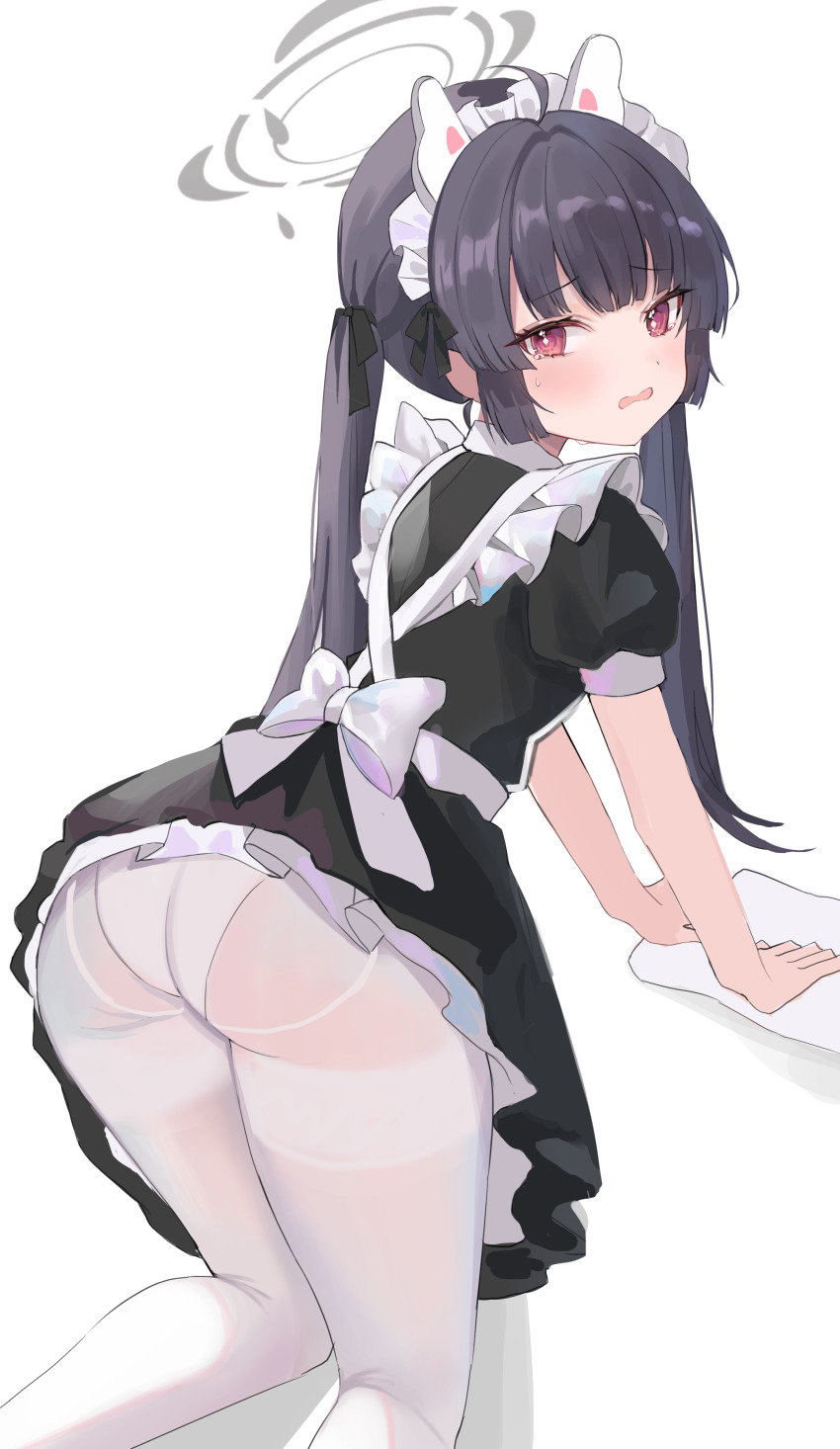 1girl absurdres all_fours alternate_costume alternate_hairstyle ass black_hair black_skirt blue_archive enmaided from_behind grey_halo halo highres looking_at_viewer looking_back maid maid_headdress miyu_(blue_archive) open_mouth panties pantyhose puffy_short_sleeves puffy_sleeves red_eyes ri_yonn short_sleeves skirt solo twintails underwear wavy_mouth white_panties white_pantyhose