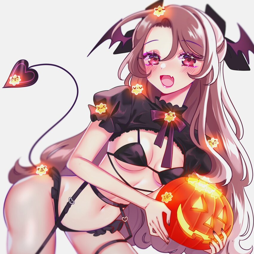 1girl :d bat_wings blurry_edges brown_hair commentary demon_tail english_commentary eyeshadow fake_head_wings fang fingernails gradient_nails halloween halloween_costume highres honobread honobread_(artist) jack-o&#039;-lantern light_blush long_hair makeup mismatched_eyebrows nail_polish open_mouth original puffy_short_sleeves puffy_sleeves purple_eyeshadow purple_ribbon real_life red_eyes ribbon short_sleeves skin_fang smile tail thick_eyelashes white_background wings