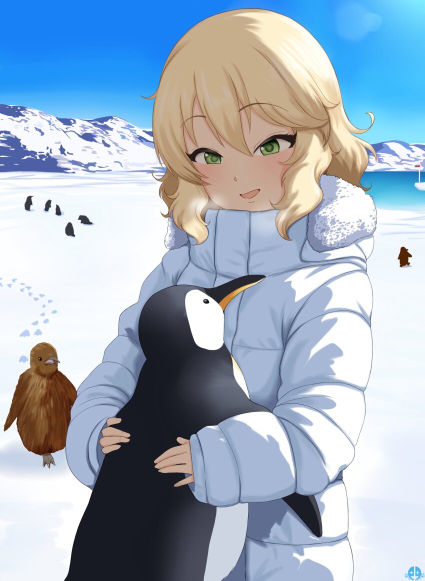 1girl absurdres antarctica bird blonde_hair blue_sky breath chilean_flag coat commentary day footprints fur-trimmed_hood fur_trim green_eyes hair_between_eyes highres hood hooded_coat hug idolmaster idolmaster_cinderella_girls light_blush long_sleeves looking_at_another medium_hair mountain mrhunking ocean parted_lips penguin sakurai_momoka sidelocks sky smile snow sunlight wavy_hair white_coat