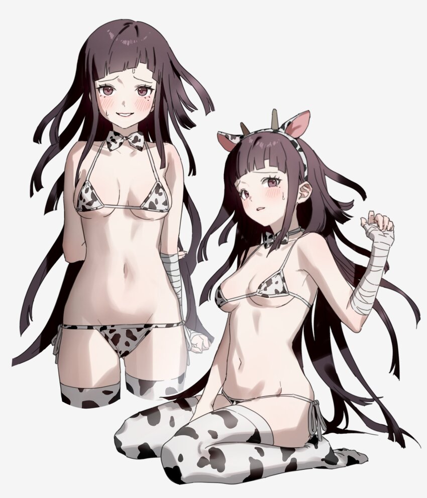 1girl absurdres animal_ear_hairband animal_ears animal_print bandaged_arm bandages bikini blush bow breasts brown_eyes brown_hair bsgkstnals03 commentary commission cow_ears_hairband cow_print cow_print_bikini cow_print_thighhighs danganronpa_(series) danganronpa_2:_goodbye_despair fake_animal_ears hairband highres korean_commentary long_hair looking_at_viewer medium_breasts messy_hair mole mole_under_eye multiple_views panties print_bikini print_thighhighs side-tie_panties smile sweat swimsuit thighhighs tsumiki_mikan underwear white_background