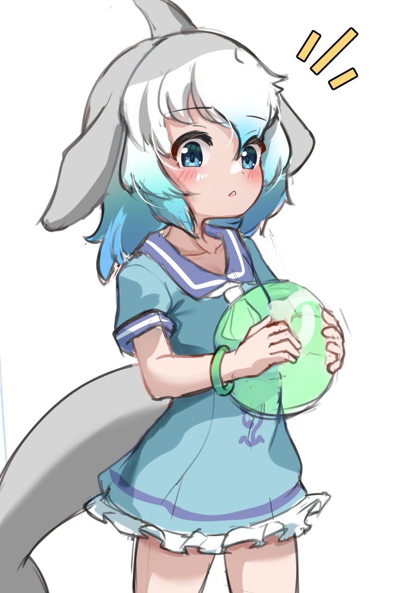 absurdres ball blowhole blue_dress blue_eyes blue_hair blush cetacean_tail collarbone common_bottlenose_dolphin_(kemono_friends) cowboy_shot darus5 dolphin_girl dorsal_fin dress fins fish_tail frilled_dress frills grey_hair highres japari_symbol kemono_friends looking_at_viewer multicolored_hair necktie sailor_collar sailor_dress short_hair short_sleeves tail translation_request white_hair white_necktie