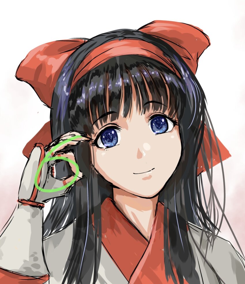 1girl ainu_clothes black_hair blue_eyes breasts dargain_x fingerless_gloves gloves hair_ribbon highres long_hair looking_at_viewer medium_breasts nakoruru ok_sign ribbon samurai_spirits smile snk solo the_king_of_fighters