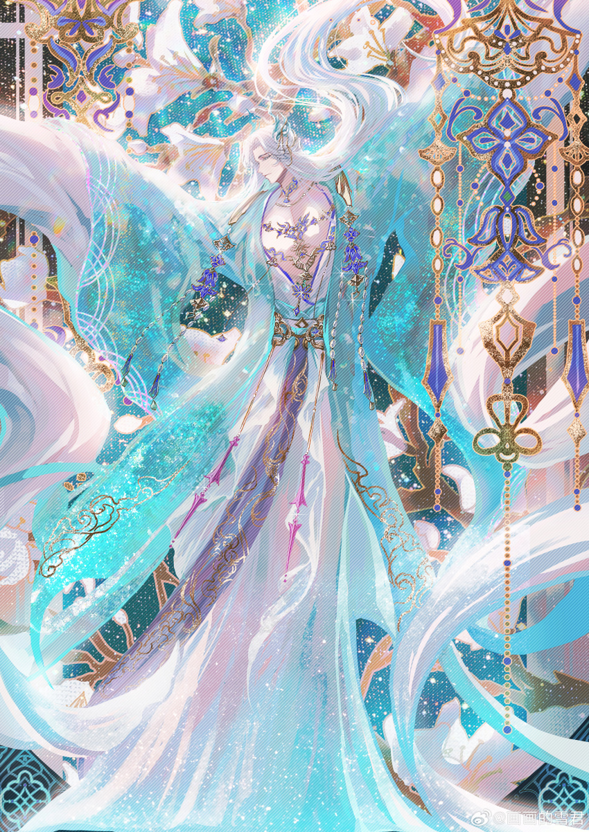 1boy absurdres aqua_background aqua_coat blue_gemstone branch chinese_clothes closed_eyes closed_mouth coat code:_kite colored_eyelashes curtained_hair dancing daxiushan facing_to_the_side floating_hair floral_background flower full_body gem gold_necklace hair_ornament hanfu highres jewelry light_particles long_hair long_sleeves male_focus mobile necklace open_clothes open_coat open_robe outstretched_arms parted_bangs pectoral_cleavage pectorals profile purple_sash robe sash sleeves_past_fingers sleeves_past_wrists snow234 solo spread_arms water_sleeves weibo_watermark white_flower white_hair white_robe wide_sleeves zuo_ci_(code:_kite)