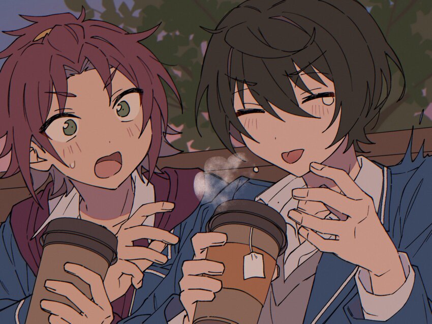 2boys bishounen black_hair blazer blue_jacket burnt_tongue closed_eyes collared_shirt cowlick cup curtained_hair disposable_cup dot_nose dusk ensemble_stars! facing_ahead foliage friends green_eyes grey_sweater_vest hair_between_eyes hands_up highres holding holding_cup hood hoodie isara_mao jacket jacket_over_hoodie long_sleeves looking_at_another looking_to_the_side male_focus motion_lines multiple_boys niyororinpayamaru on_bench open_clothes open_collar open_jacket open_mouth outdoors portrait reaching_towards_another red_hair red_hoodie sakuma_ritsu school_uniform shirt short_hair shoulder-to-shoulder side-by-side sitting sky steam sweater_vest teabag tearing_up tongue tongue_out v-shaped_eyebrows white_shirt wide-eyed wing_collar yumenosaki_school_uniform