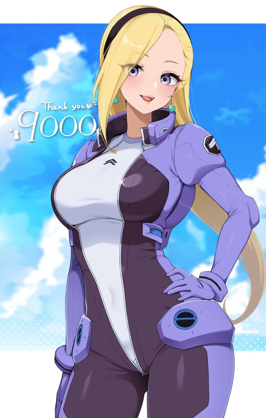 1girl black_hairband blonde_hair blue_eyes blue_sky blush bodysuit breasts campbell_xx center_opening closed_mouth cloud cloudy_sky commentary_request covered_navel cowboy_shot day earrings facing_viewer gundam gundam_g_no_reconguista hairband head_out_of_frame heart helmet highres jewelry large_breasts letterboxed lipstick long_hair makeup mick_jack milestone_celebration open_mouth pilot_helmet pilot_suit red_lips sky smile solo spoken_heart standing star_(symbol) star_earrings very_long_hair