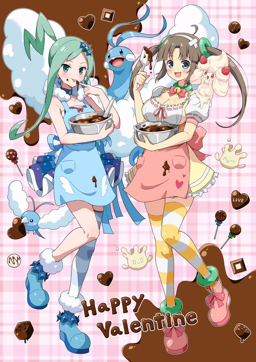 2girls :3 :d :p absurdres ahoge alcremie alcremie_(strawberry_sweet) alcremie_(vanilla_cream) altaria apron armpit_crease beak bell bird blue_apron blue_boots blue_choker blue_eyes blue_skirt blue_thighhighs blush blush_stickers body_blush boots bow bowl bowtie breast_rest breasts brown_hair candy carried_breast_rest carrying chocolate chocolate_bar chocolate_heart chocolate_making chocolate_on_clothes chocolate_on_face chocolate_on_hand choker cleavage collarbone creatures_(company) crossover dress earrings eating eggman_(ni_tamagoex) evolutionary_line fang feather_print fluffy food food_on_face food_on_hand fruit fur-trimmed_boots fur_collar fur_trim game_freak gen_3_pokemon gen_8_pokemon green_choker green_eyes green_hair hair_ornament happy_valentine heart heart-shaped_food heart_print highres holding holding_bowl holding_spatula jewelry jingle_bell large_breasts lisia_(pokemon) long_hair looking_at_viewer milcery minori_(senran_kagura) mixing_bowl multiple_girls neck_bell nintendo on_shoulder open_mouth orange_thighhighs overskirt parted_bangs pink_apron pink_background pink_boots pink_bow pink_bowtie plaid_background pokemon pokemon_(creature) pokemon_on_shoulder pokemon_oras puffy_short_sleeves puffy_sleeves red_eyes ribbon-trimmed_dress ribbon-trimmed_sleeves ribbon_trim senran_kagura senran_kagura_shinovi_versus shiny_skin short_sleeves sidelocks single_thighhigh skirt smile spatula standing standing_on_one_leg strawberry striped_clothes striped_thighhighs swablu tasting thighhighs tongue tongue_out twintails valentine white_thighhighs yellow_dress