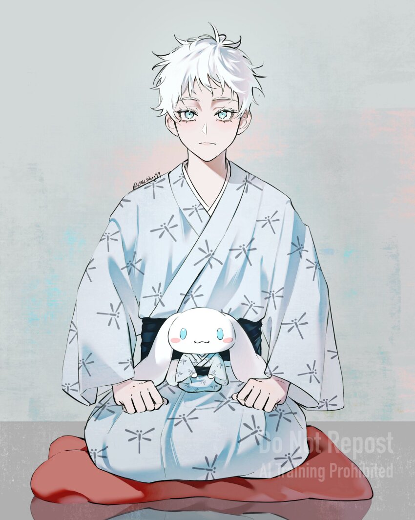 1boy :3 aged_down blue_eyes blush_stickers cinnamoroll closed_mouth dragonfly_print eyelashes full_body gojou_satoru grey_background highres japanese_clothes jujutsu_kaisen kimono lauresent light_blush male_focus messy_hair pale_skin sanrio short_hair signature sitting white_hair