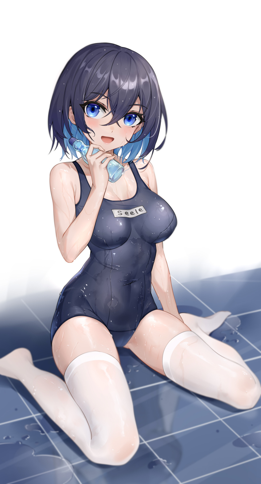 1girl :d absurdres bandages blue_eyes blue_hair blue_one-piece_swimsuit bob_cut bottle breasts character_name full_body highres holding holding_bottle honkai_(series) honkai_impact_3rd looking_at_viewer medium_hair one-piece_swimsuit open_mouth school_swimsuit seele_vollerei shenqi_xiao_hong_zai_nali sitting smile solo swimsuit thighhighs tile_floor tiles wariza water_bottle wet wet_clothes white_background white_thighhighs