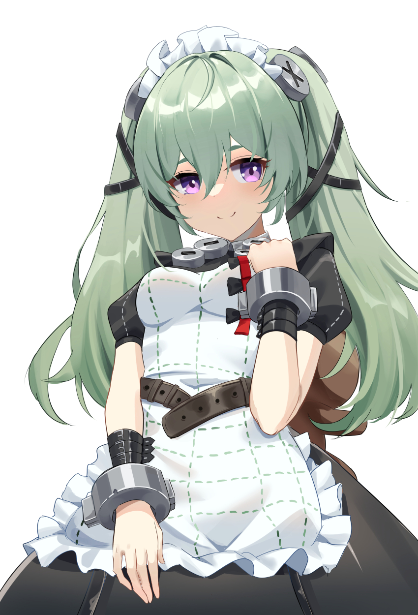 1girl absurdres animal_bag apron bear_bag belt black_dress blush commentary corin_wickes czk dress green_hair hair_between_eyes highres long_hair looking_at_viewer maid maid_headdress puffy_short_sleeves puffy_sleeves purple_eyes screw_hair_ornament short_sleeves simple_background smile solo twintails white_apron white_background zenless_zone_zero