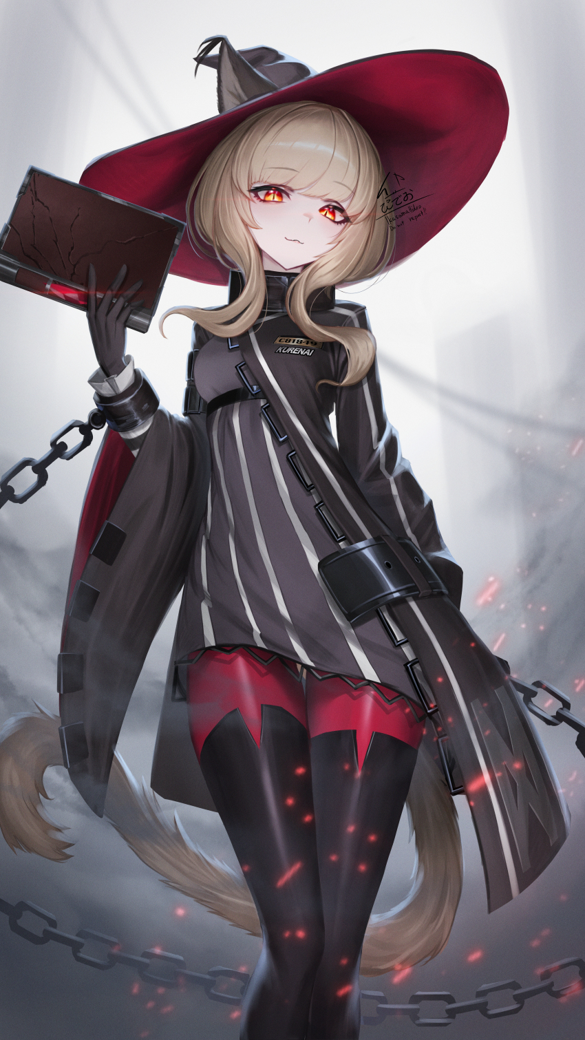 1girl :3 absurdres animal_ears arknights blonde_hair book breasts cat_ears cat_girl cat_tail chain cuffs gook hat haze_(arknights) highres holding holding_book ikasamahideo looking_at_viewer medium_breasts red_eyes robe shackles signature slit_pupils tail thighhighs wide_sleeves witch witch_hat