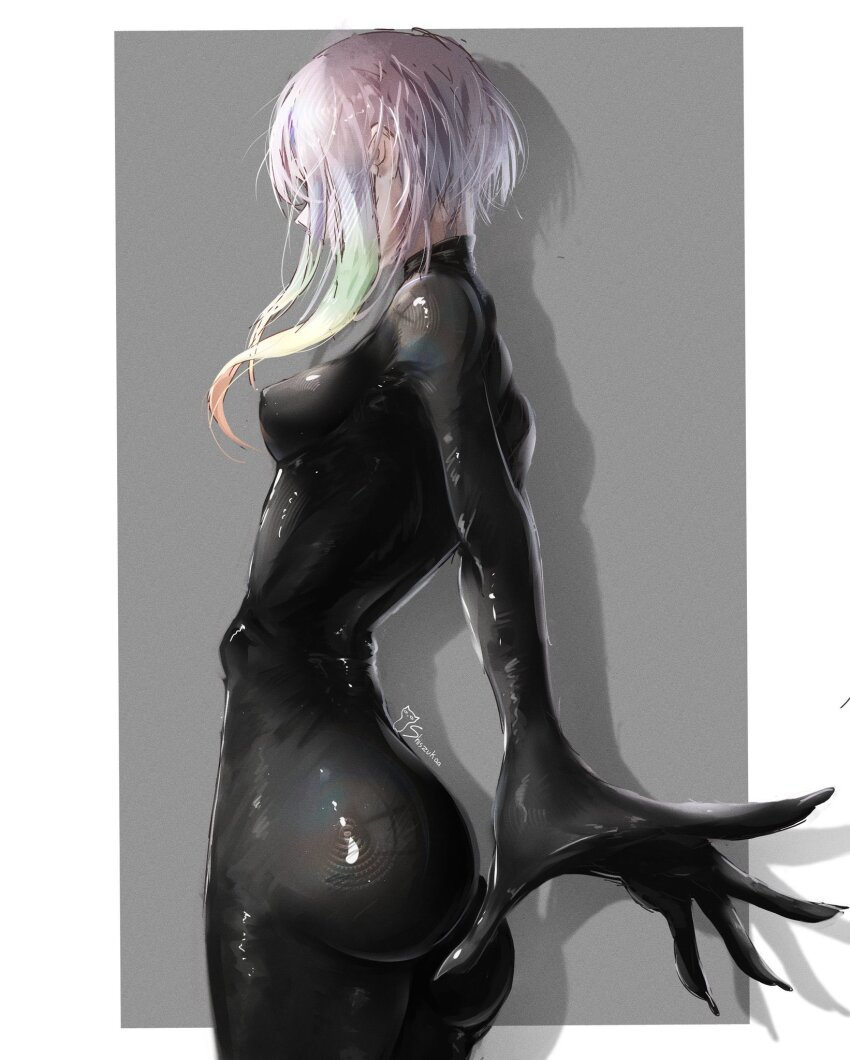 ass black_bodysuit bodysuit breasts cyberpunk_(series) cyberpunk_edgerunners floating_hair highres lucy_(cyberpunk) multicolored_hair narrow_waist perky_breasts profile shiszukaa short_hair sidelocks signature simple_background upper_body