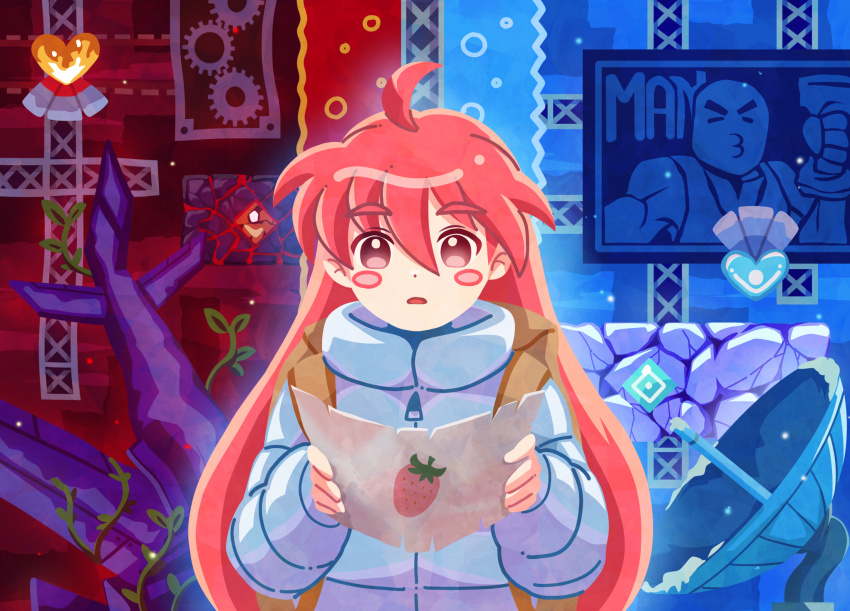 1girl ahoge blue_jacket celeste_(video_game) coat fuwamoko_momen_toufu highres jacket long_hair long_sleeves madeline_(celeste) map orange_hair pants red_eyes shirt solo very_long_hair winter_clothes winter_coat zipper