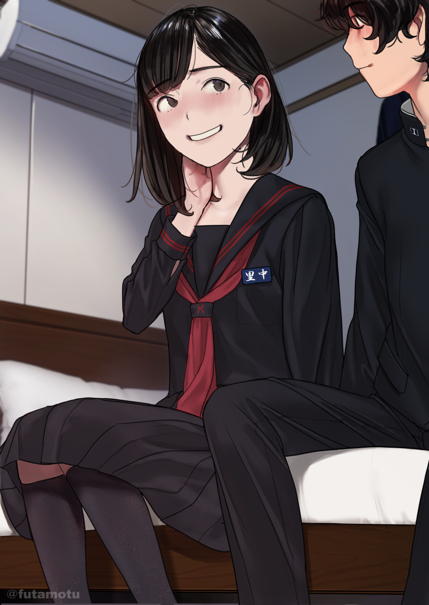 1boy 1girl absurdres artist_name awkward bed black_eyes black_hair black_sailor_collar black_serafuku black_socks blush closed_mouth eye_contact futamotu hand_on_own_neck highres looking_at_another looking_to_the_side mole mole_on_neck neckerchief original paid_reward_available protected_link red_neckerchief sailor_collar satonaka_megumi_(futamotu) school_uniform serafuku short_hair sitting smile socks