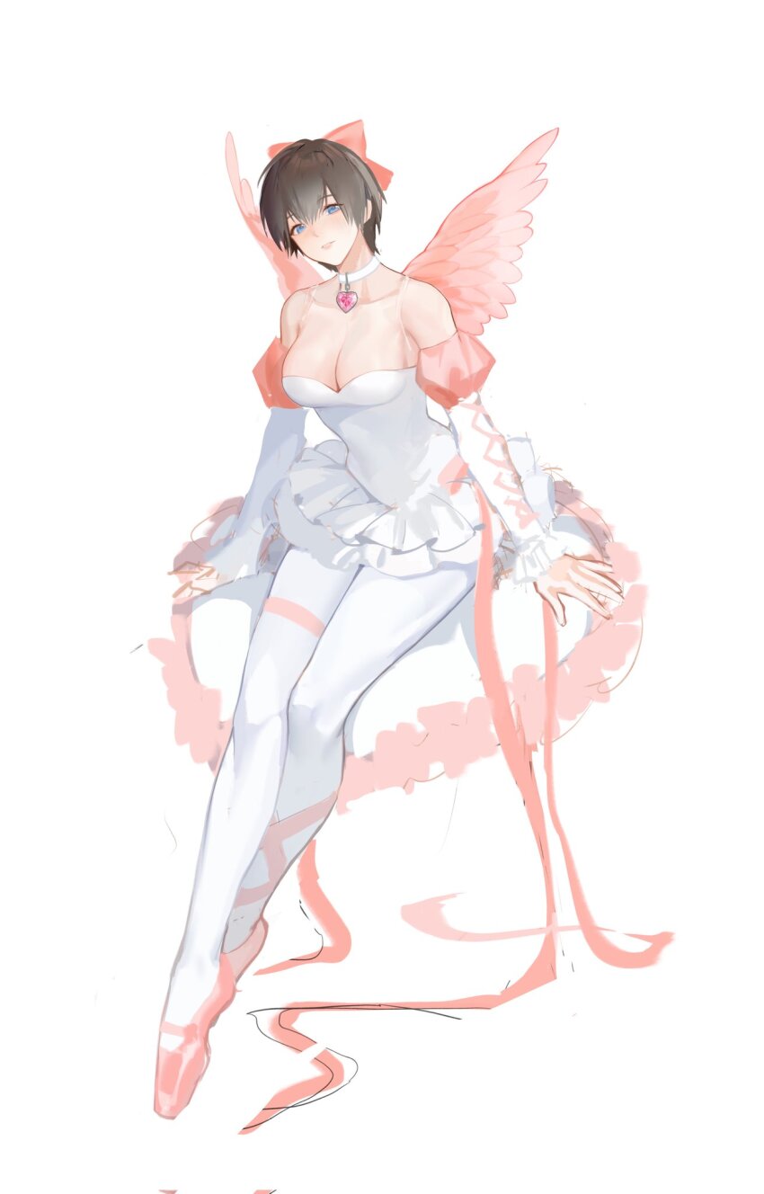 1girl adventurer_(ff14) athletic_leotard ballet ballet_slippers bare_shoulders blue_eyes bow breasts brown_hair cleavage collarbone crossed_ankles detached_sleeves dress final_fantasy final_fantasy_xiv frilled_skirt frills full_body genderswap genderswap_(mtf) hair_between_eyes hair_bow highres leotard light_smile looking_at_viewer medium_breasts pantyhose pendant_choker pink_bow pink_ribbon pink_wings ribbon short_hair sketch skirt solo tutu warrior_of_light_(ff14) white_dress white_pantyhose white_sleeves wings xianyu314