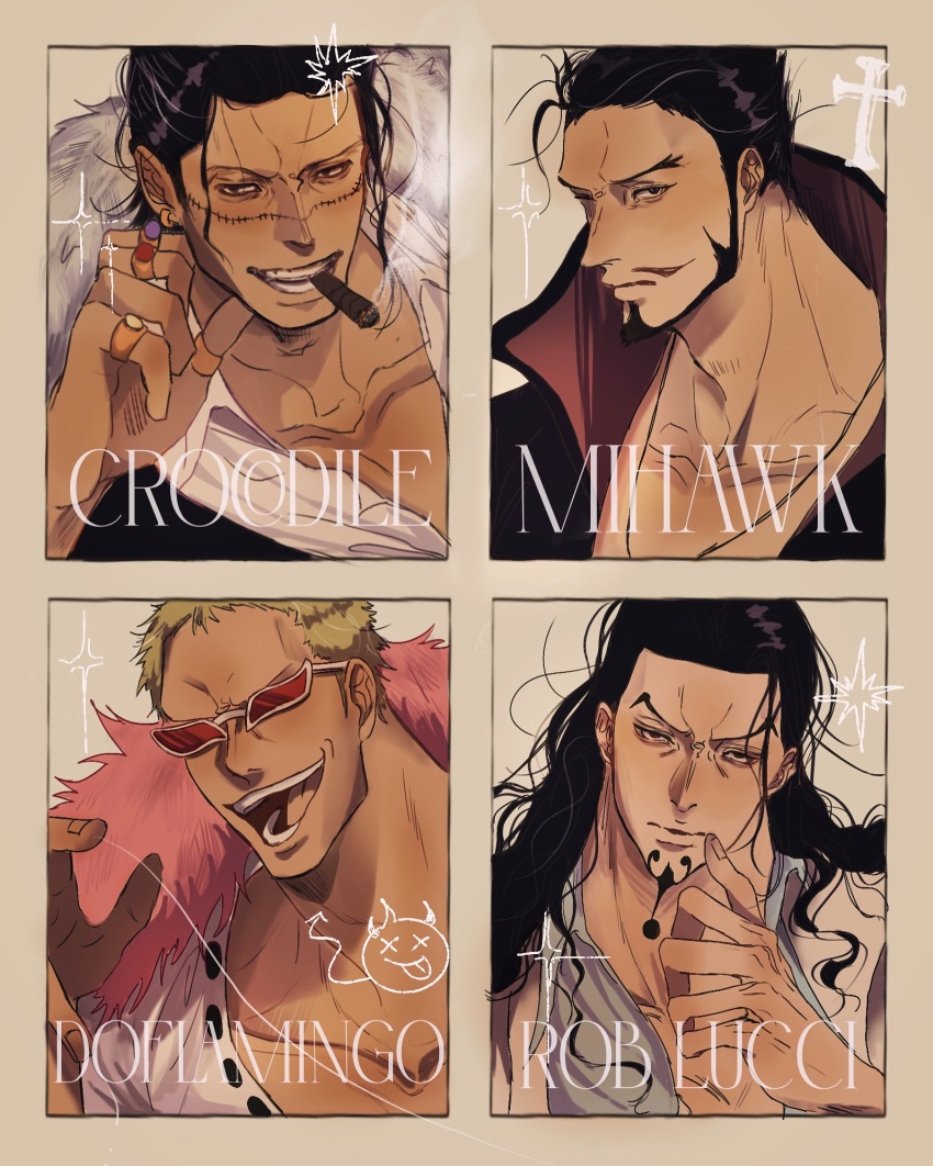 4boys beard black_hair blonde_hair cape character_name cigar commentary_request crocodile_(one_piece) donquixote_doflamingo dracule_mihawk facial_hair feathered_cape goatee hair_slicked_back highres jewelry looking_at_viewer male_focus multiple_boys mustache one_piece pink_cape rihirihi613 ring rob_lucci shirt short_hair smile sparkle stitched_face stitches sunglasses v-shaped_eyebrows white_shirt