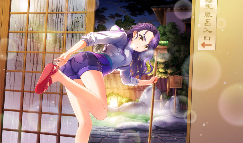 1girl adjusting_footwear cinderella_series condensation dutch_angle ear_piercing foot_out_of_frame from_behind game_cg hachigatsu_no_cinderella_nine hair_down highres holding holding_brush indoors izumida_kyouka jacket leg_up lens_flare long_hair long_sleeves looking_back no_socks non-web_source official_alternate_hairstyle official_art onsen orange_eyes parted_lips piercing purple_hair purple_shorts red_sandals rock sandals shorts solo steam track_jacket water