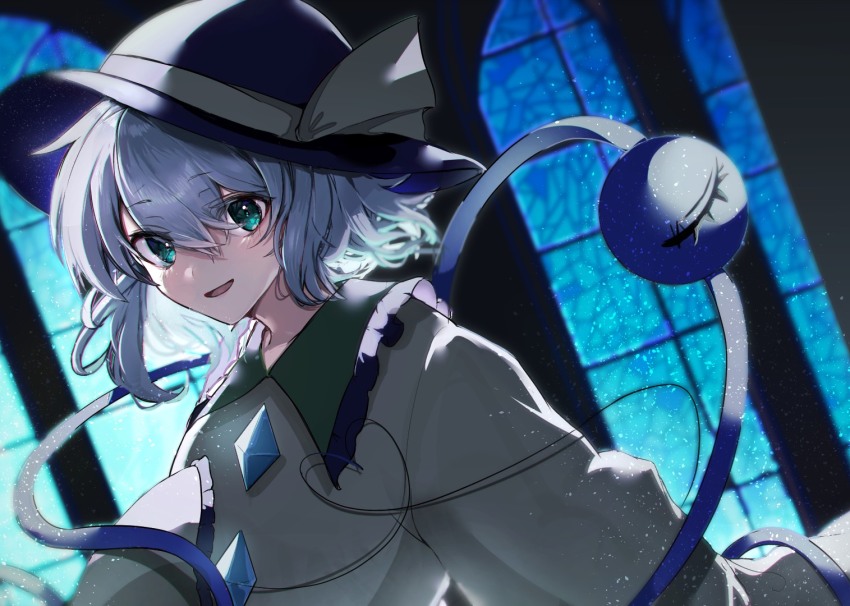 1girl :d black_hat blouse blue_eyes bow buttons chireiden commentary diamond_button eyeball frilled_shirt_collar frills grey_hair hair_between_eyes hat hat_bow hat_ribbon komeiji_koishi long_sleeves looking_at_viewer medium_hair open_mouth ribbon sakuhara_kaka shirt smile solo stained_glass third_eye touhou upper_body wavy_hair wide_sleeves yellow_bow yellow_ribbon yellow_shirt