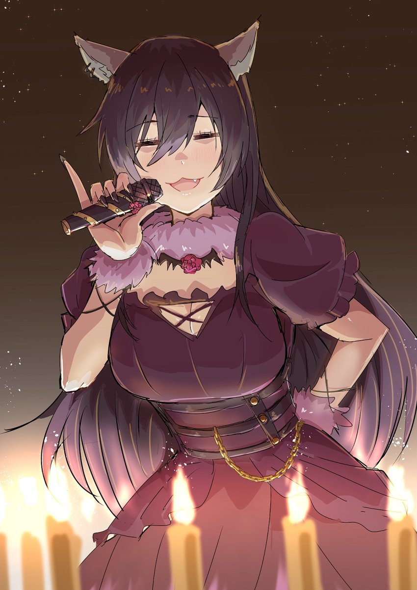 1girl :3 animal_ears black_hair black_nails breasts candle chain cleavage closed_eyes dress fake_animal_ears fang highres holding holding_microphone idolmaster idolmaster_shiny_colors large_breasts long_hair microphone music nail_polish night ogasawara open_mouth shirase_sakuya singing sky star_(sky) starry_sky very_long_hair wolf_ears