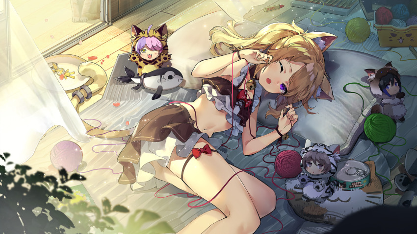 4girls animal_ears artist_request benghuai_xueyuan blonde_hair bronya_zaychik_(benghuai_xueyuan) cat_ears cat_girl cat_tail character_request chibi crop_top highres honkai_(series) looking_at_viewer lying multiple_girls ninti_apocalypse official_art on_side one_eye_closed purple_eyes seele_vollerei_(benghuai_xueyuan) sin_mal_(benghuai_xueyuan) skirt tail yarn yarn_ball