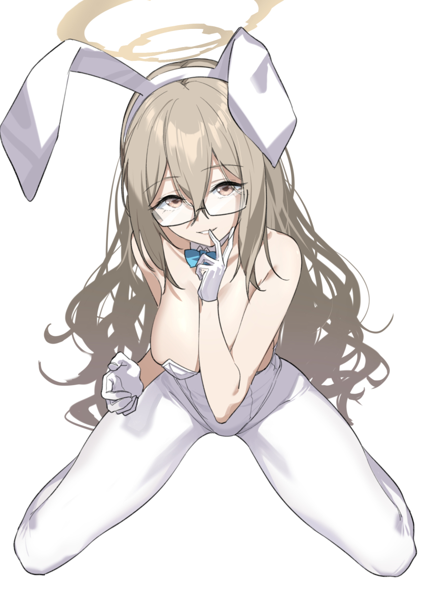 1girl akane_(blue_archive) akane_(bunny)_(blue_archive) animal_ears bare_shoulders blue_archive blue_bow blue_bowtie bow bowtie breasts brown_eyes brown_hair commentary_request deatheach detached_collar fake_animal_ears glasses gloves hair_between_eyes halo hand_to_own_mouth highres kneeling large_breasts leotard long_hair looking_at_viewer official_alternate_costume open_mouth pantyhose playboy_bunny rabbit_ears simple_background smile solo spread_legs white_background white_gloves white_leotard