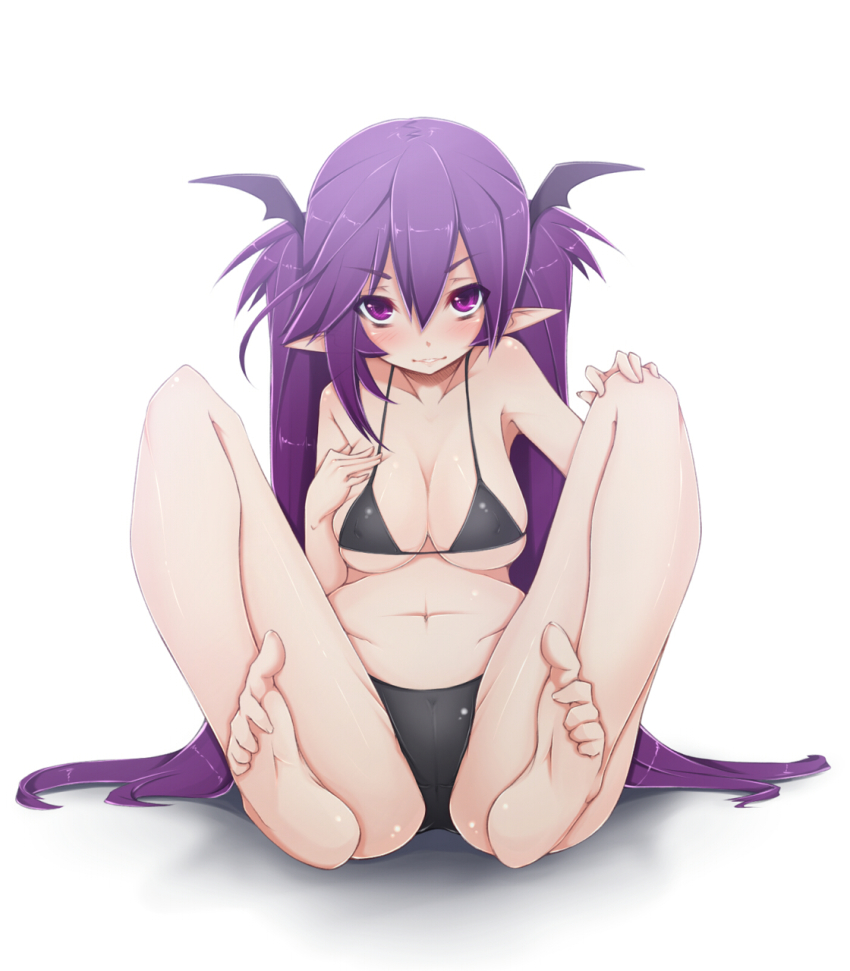 1girl bad_id bad_pixiv_id barefoot bikini black_bikini breasts cameltoe elf feet female_focus head_wings highres long_hair medium_breasts nacl navel original pointy_ears purple_eyes purple_hair shokuen_shiwe solo swimsuit twintails very_long_hair wings