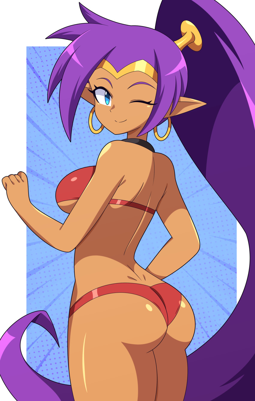 absurdres abysswatchers ass bikini blue_eyes dark-skinned_female dark_skin earrings highres huge_ass jewelry long_hair looking_at_viewer looking_back non-web_source one_eye_closed pointy_ears purple_hair shantae shantae_(series) smile swimsuit tight_clothes turning_head very_long_hair