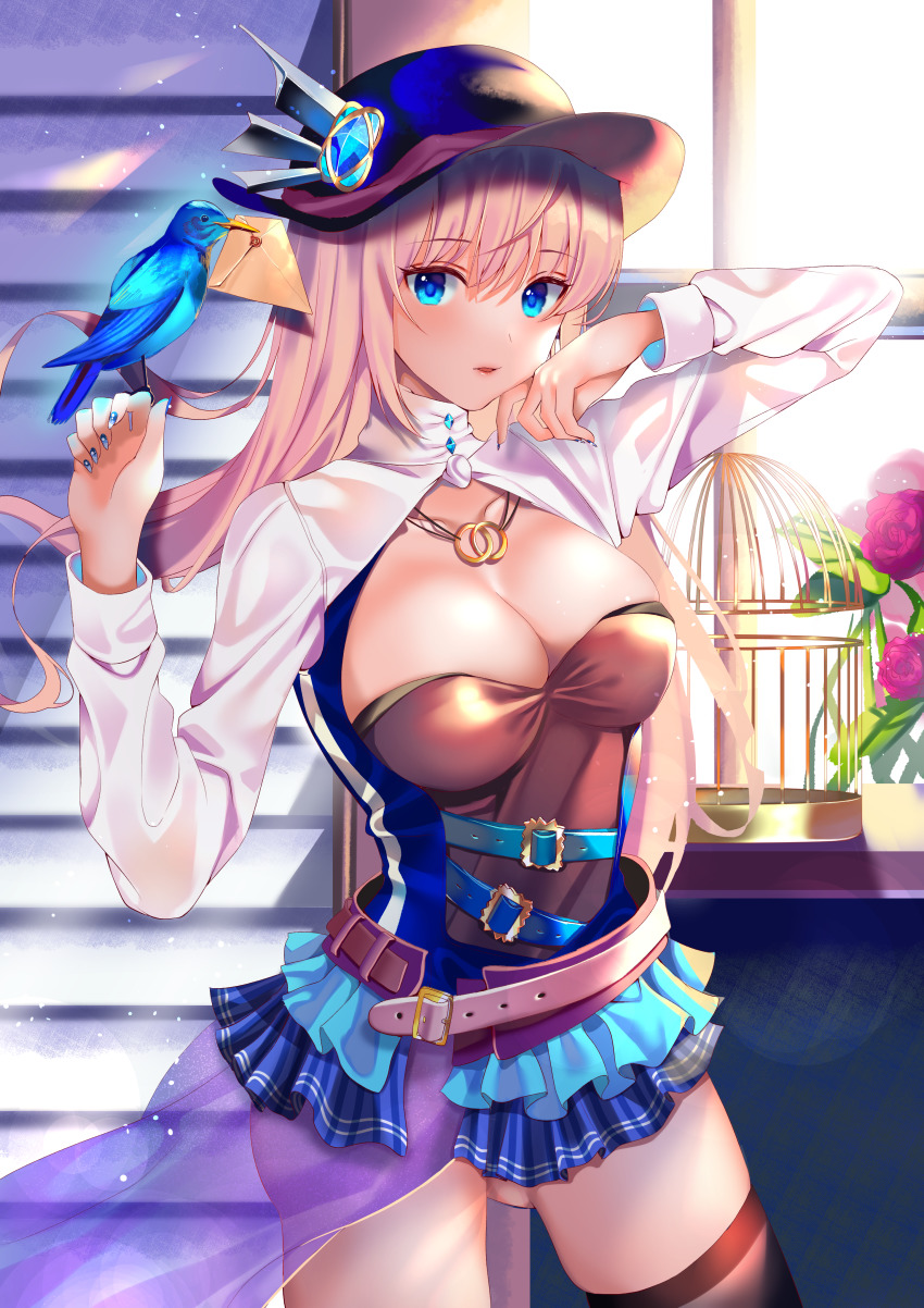 1girl absurdres animal animal_on_hand bird bird_on_hand birdcage blonde_hair blue_eyes blue_nails blue_skirt bluebird blush breasts brown_thighhighs cage cleavage collarbone commentary_request envelope female_focus fingernails flower gluteal_fold hair_between_eyes hat hat_ornament highres indoors inushima long_hair long_sleeves looking_at_viewer medium_breasts nail_polish original parted_lips pleated_skirt purple_hat red_flower red_rose revision rose see-through_clothes shrug_(clothing) skirt solo thighhighs very_long_hair window