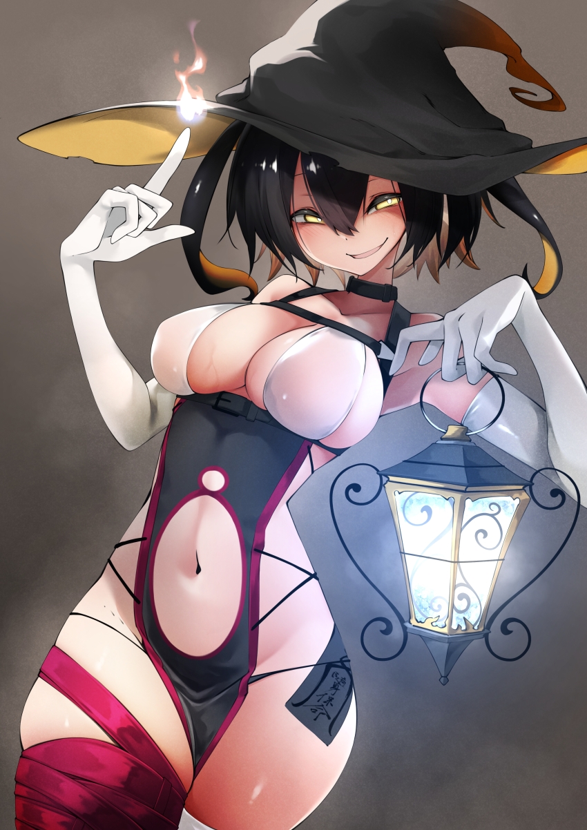 1girl absurdres black_hair blonde_hair breasts choker clothing_cutout colored_inner_hair elbow_gloves fire gloves half-closed_eyes hat highres holding holding_lantern lantern looking_at_viewer magic medium_breasts multicolored_hair navel navel_cutout original paruvara short_hair skindentation white_gloves witch witch_hat yellow_eyes